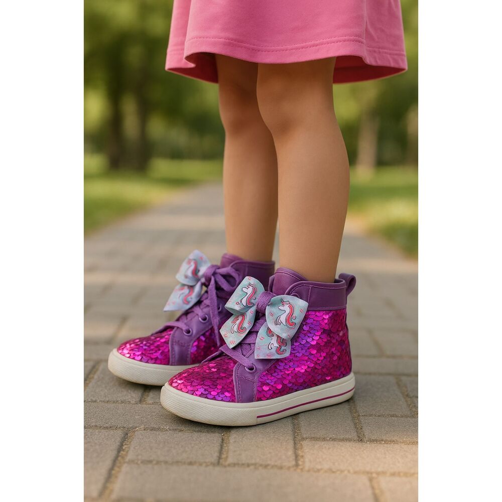 Young Girl's 13 Pink Purple Sequin Unicorn Bow Purple Lace Up High Tops Sneaker